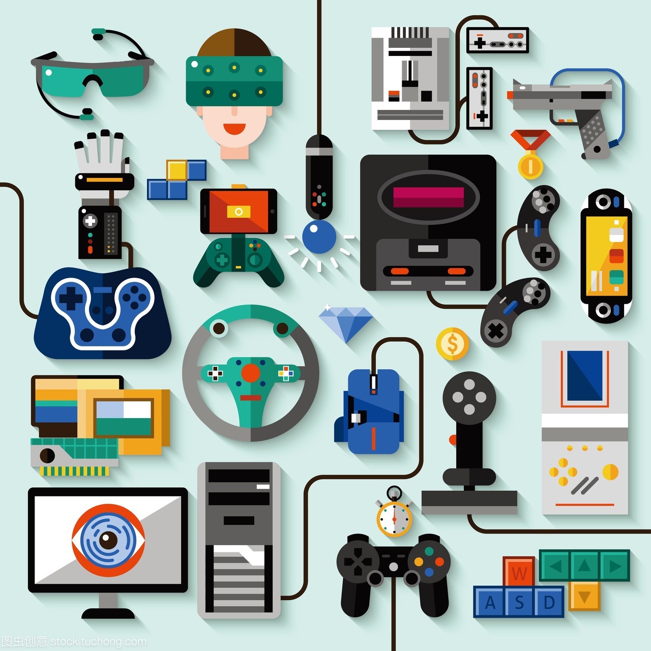 游戏产品组数据处理技术 小工具、播放技术与图标设置的矢量插图应用
